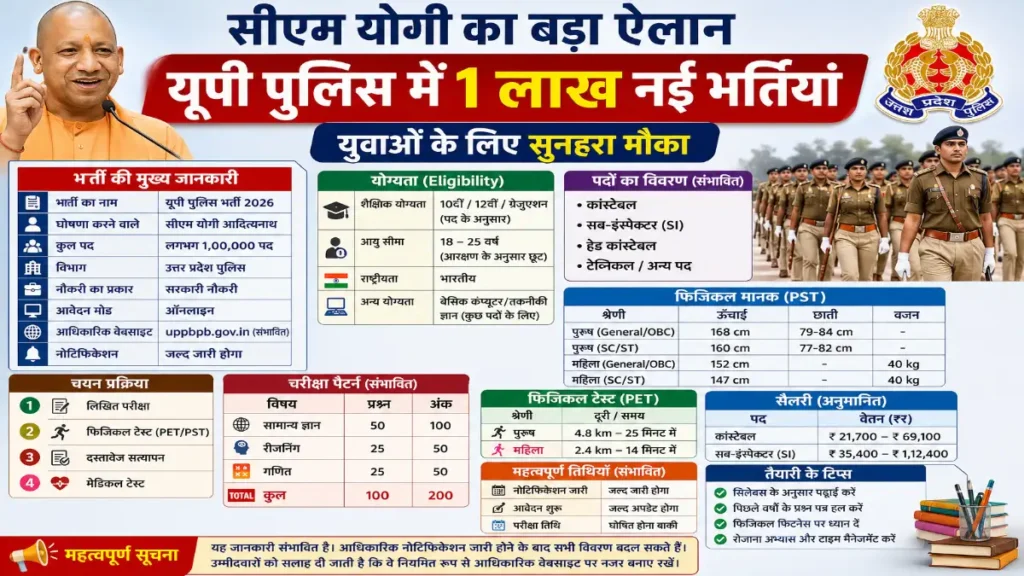 up police bharti 2026, up police 1 lakh vacancy, yogi adityanath police recruitment, up police new vacancy 2026, uppbpb recruitment latest news, up police constable si bharti 2026, up police eligibility criteria 2026, up police physical test details, up police exam pattern 2026, up police salary details, up police notification kab aayega, up police recruitment update 2026